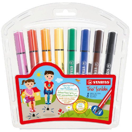 Stabilo Trio Scribbi triangular fibre-tip pens in a wallet of 8 assorted colours