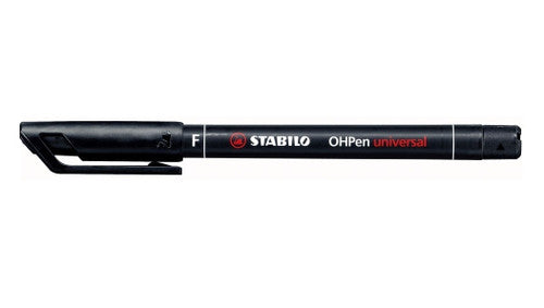 Stabilo Universal OHP Pen Permanent Fine Black shown on white background with cap on