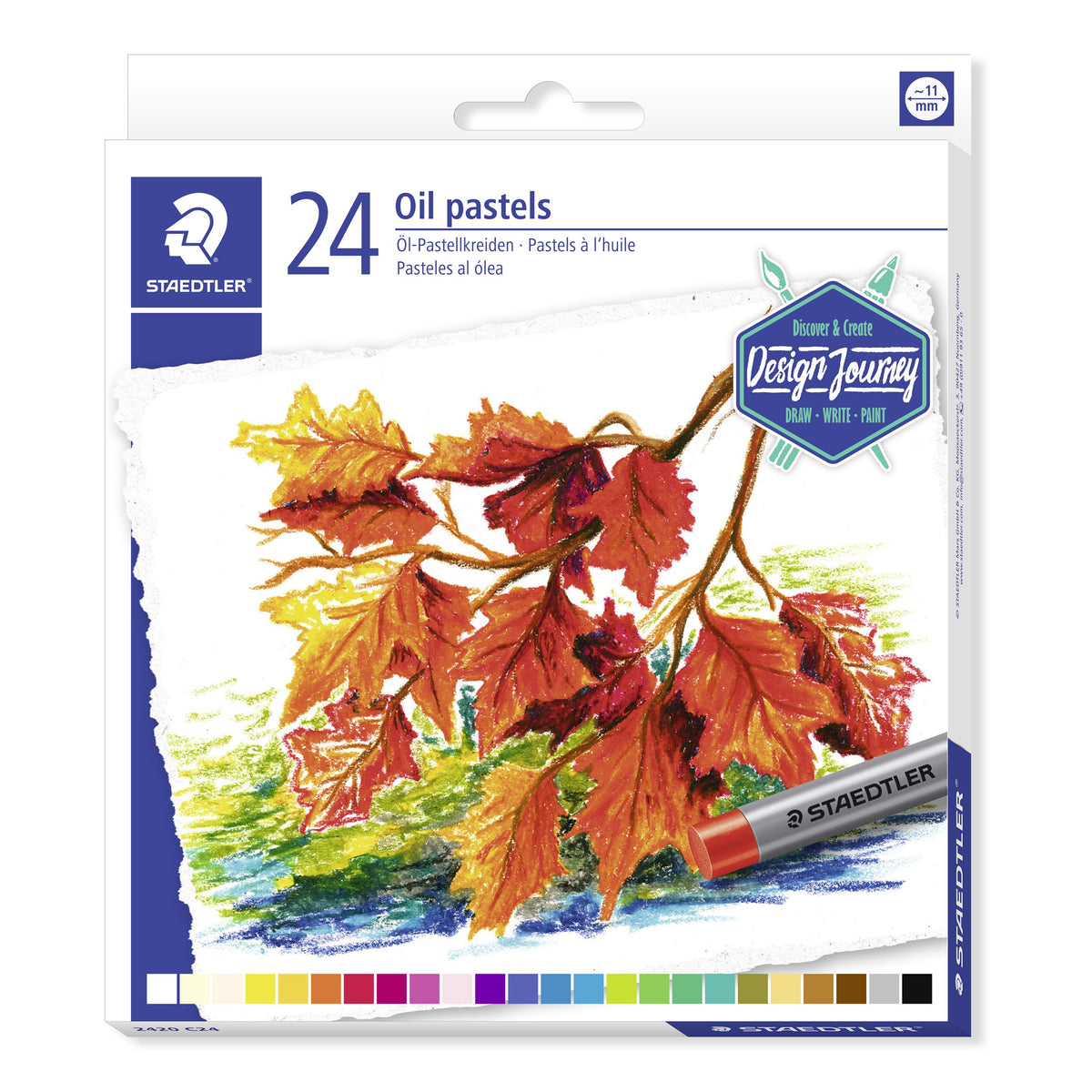 Front of the Staedtler 2420 box of 24 oil pastels with a painted maple leaf scene and a long strip of colour swatches