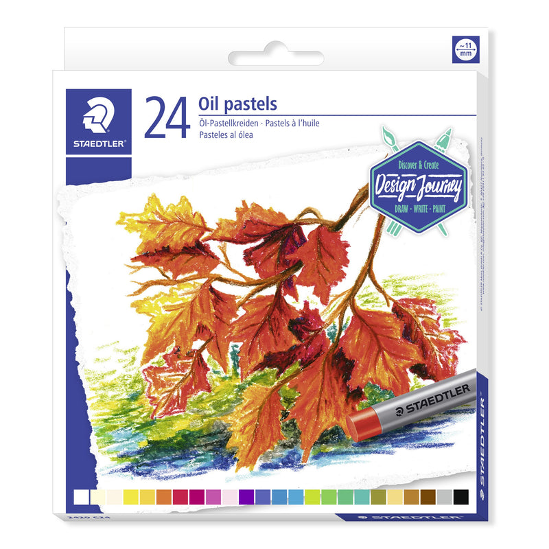 Front of the Staedtler 2420 box of 24 oil pastels with a painted maple leaf scene and a long strip of colour swatches