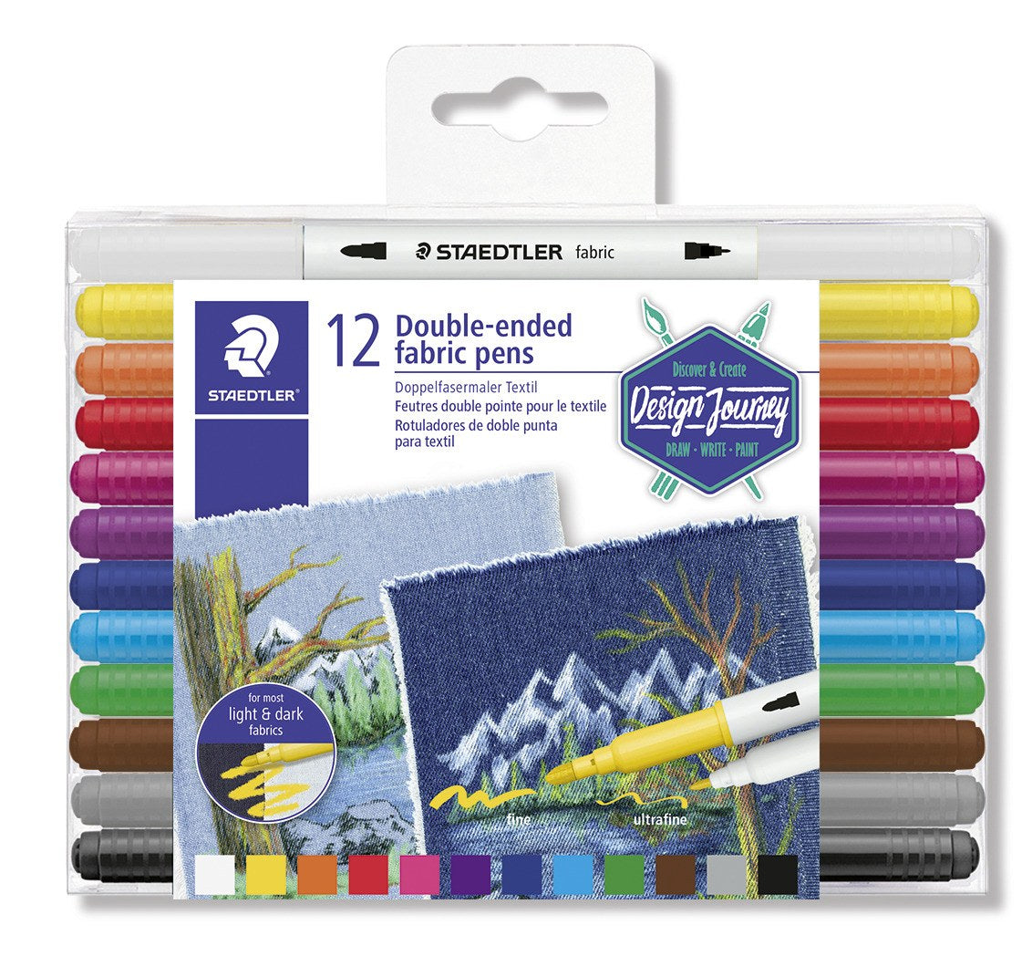 Staedtler 3190 TB12 hanging wallet of 12 double-ended fabric pens, label showing painted denim and a row of 12 colour swatches