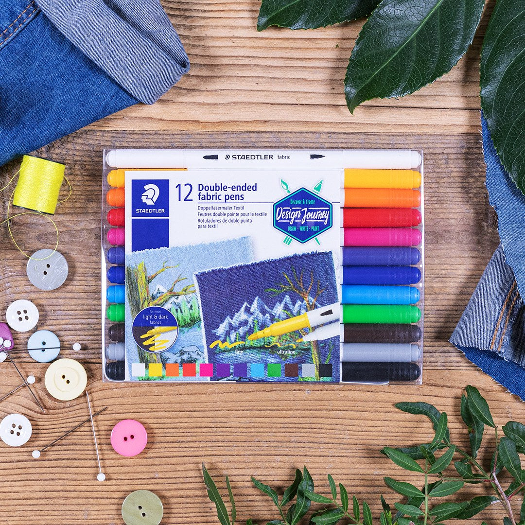 The 12-pen fabric pen wallet laid on a wooden table among denim, buttons, pins and a spool of yellow thread