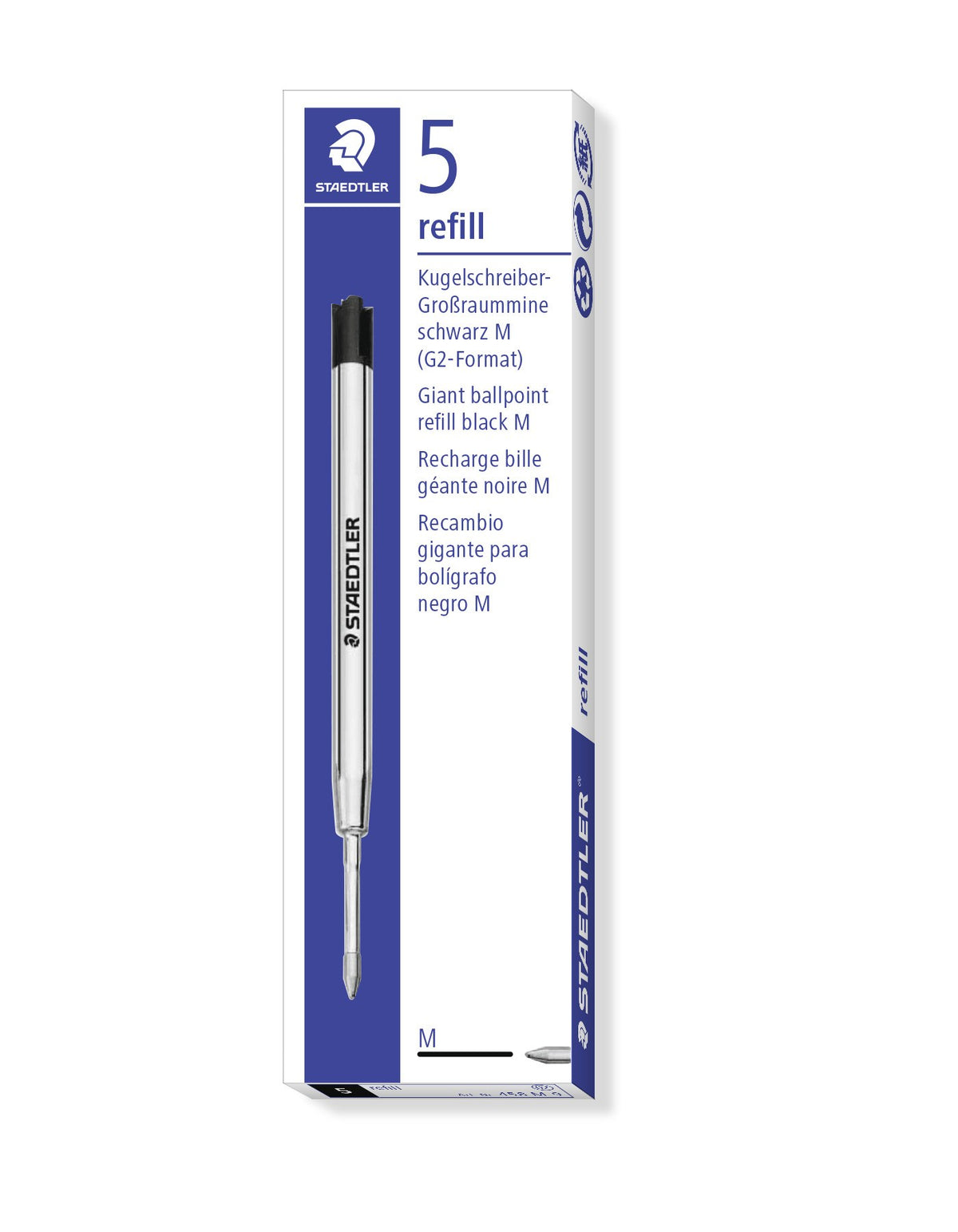 Staedtler box of 5 refills printed Giant ballpoint refill black M (G2-Format), with a black-capped metal refill on the front
