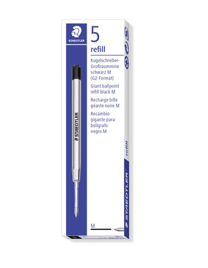 Staedtler box of 5 refills printed Giant ballpoint refill black M (G2-Format), with a black-capped metal refill on the front