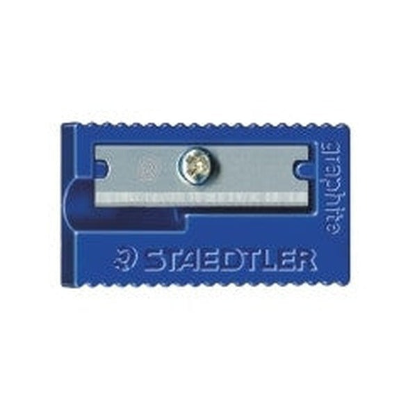 Blue Staedtler 510 50 plastic sharpener from above, blade held by a screw and graphite moulded on the end