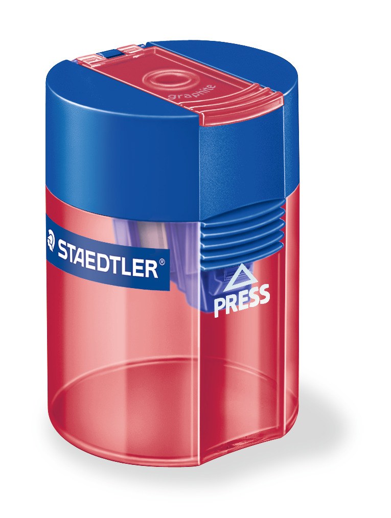 Staedtler 511 006 tub sharpener with a blue lid and transparent red body, angled view showing the STAEDTLER band and PRESS button