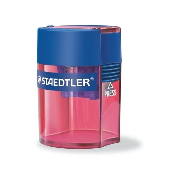 Front view of a 511 006 tub with a blue top and see-through pink tub, sharpener visible behind the STAEDTLER label