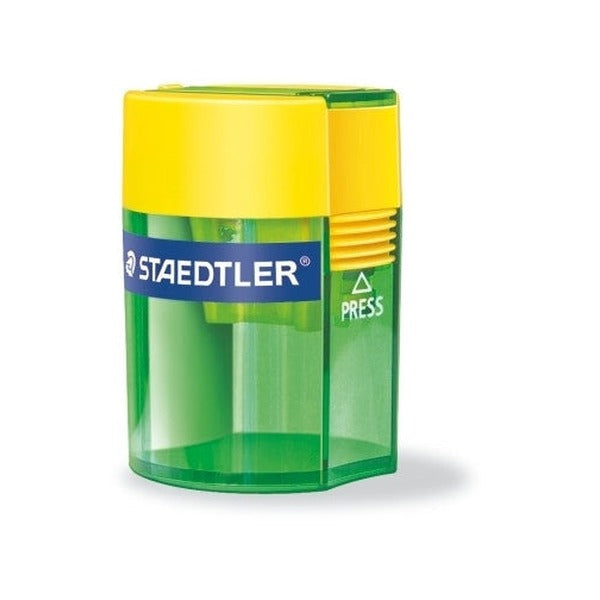 Straight-on view of the yellow and green 511 006 tub sharpener with its blue STAEDTLER band