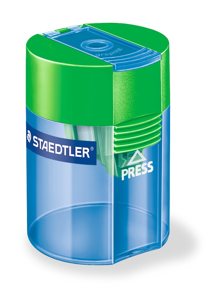Staedtler 511 006 in the green and blue combination, three-quarter view of the lid and transparent shavings tub