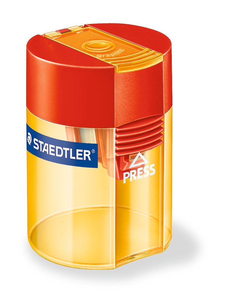Red lid on a transparent yellow tub, the 511 006 sharpener shown at an angle with its STAEDTLER label