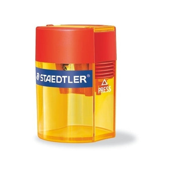 Front-on photo of the red and yellow 511 006 tub sharpener, blade housing visible through the clear body