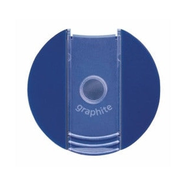Top view of the blue 511 001 lid, a round pencil hole with the word graphite printed beside it