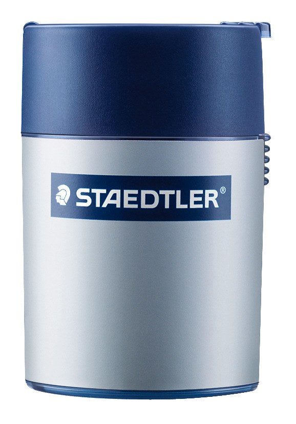 Front view of the 511 001 tub sharpener, silver body with a white STAEDTLER panel under the blue lid