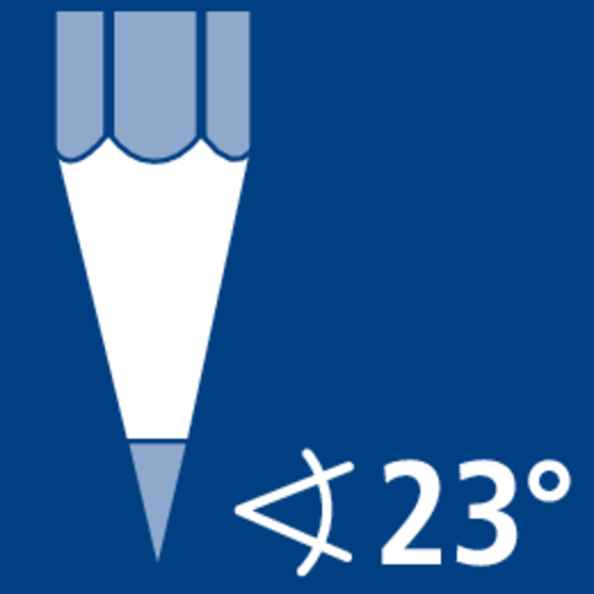 Staedtler pictogram of a sharpened pencil point with a 23 degree angle symbol on dark blue