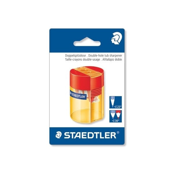Blistercard with a red and yellow Staedtler double-hole tub sharpener, lid marked PRESS