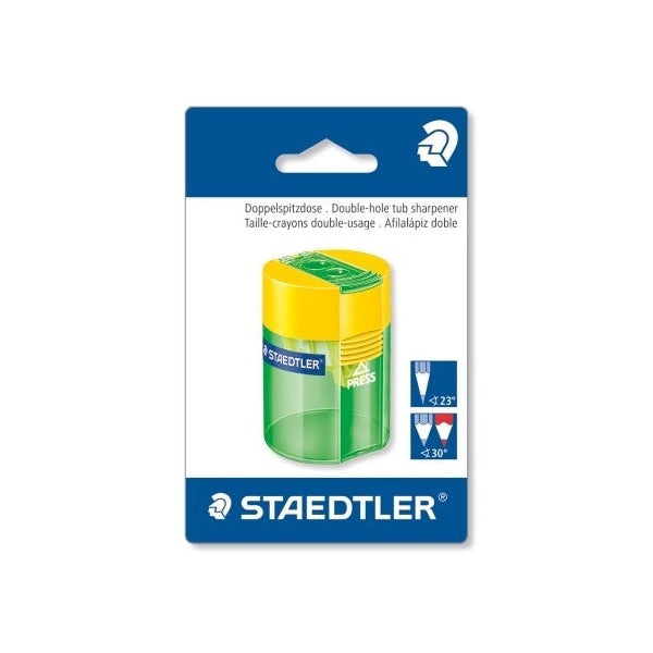 Staedtler double-hole tub sharpener in yellow and green on its blue and white blistercard