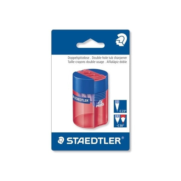 Blue and red Staedtler tub sharpener on a blistercard printed Double-hole tub sharpener in four languages