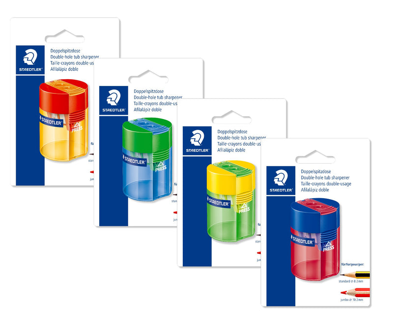 Four Staedtler 512 006 BK blistercards fanned out, each with a different two-tone tub sharpener