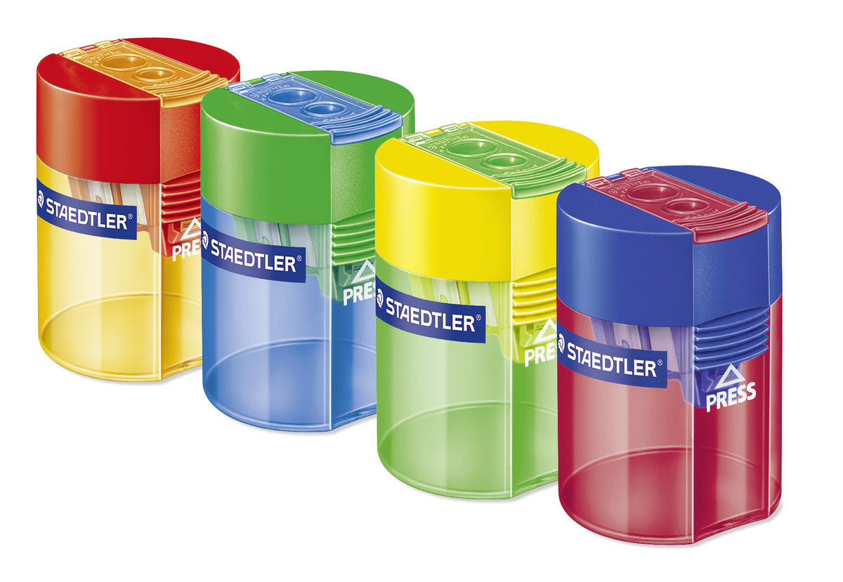 Four Staedtler 512 006 tub sharpeners without cards, two-tone coloured lids over clear tinted containers marked PRESS