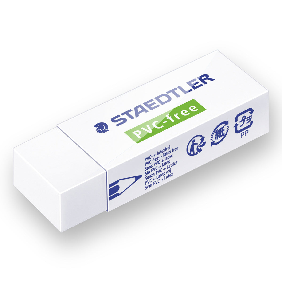 Staedtler 525 B20 PVC-free eraser, a white block half covered by a white sleeve printed STAEDTLER with a green PVC-free band