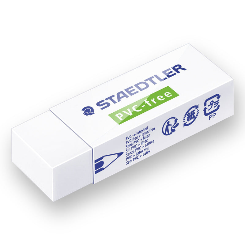 Staedtler 525 B20 PVC-free eraser, a white block half covered by a white sleeve printed STAEDTLER with a green PVC-free band