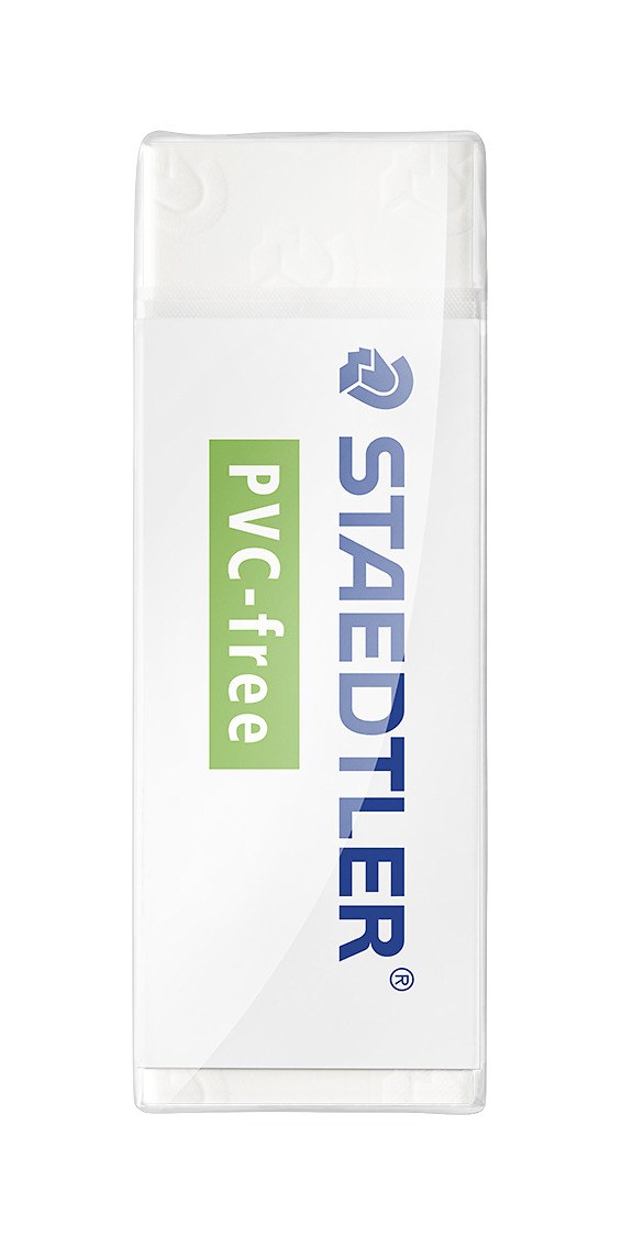 Front view of the Staedtler 525 B PVC-free eraser in its clear protective film, STAEDTLER and PVC-free printed down the sleeve