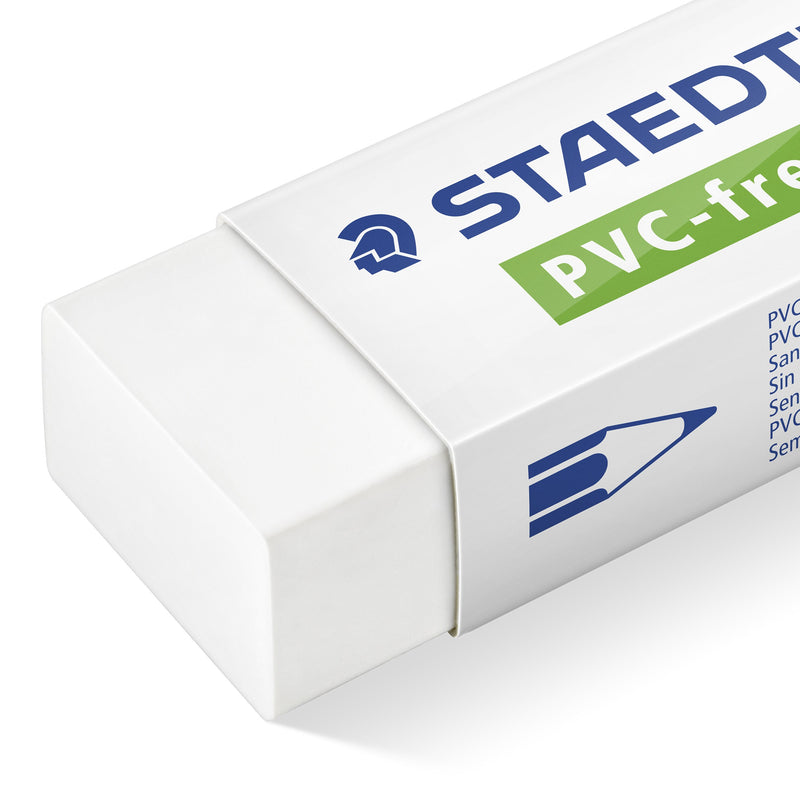 Close view of the white Staedtler 525 B eraser end and its sleeve printed PVC-free beside a blue pencil symbol