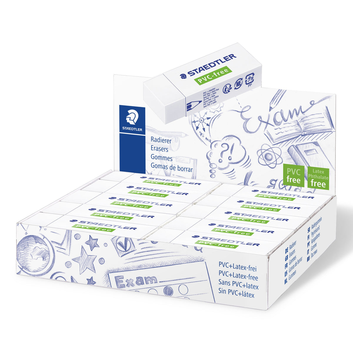 Staedtler display box packed with white PVC-free 525 B erasers under an exam doodle design; this listing is a single eraser