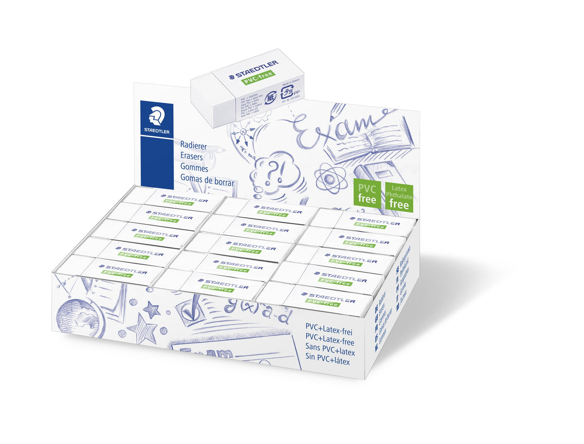 Staedtler display box filled with white 525 B30 PVC-free erasers, exam doodle artwork and PVC free and Latex Phthalate free panels, one eraser on the lid