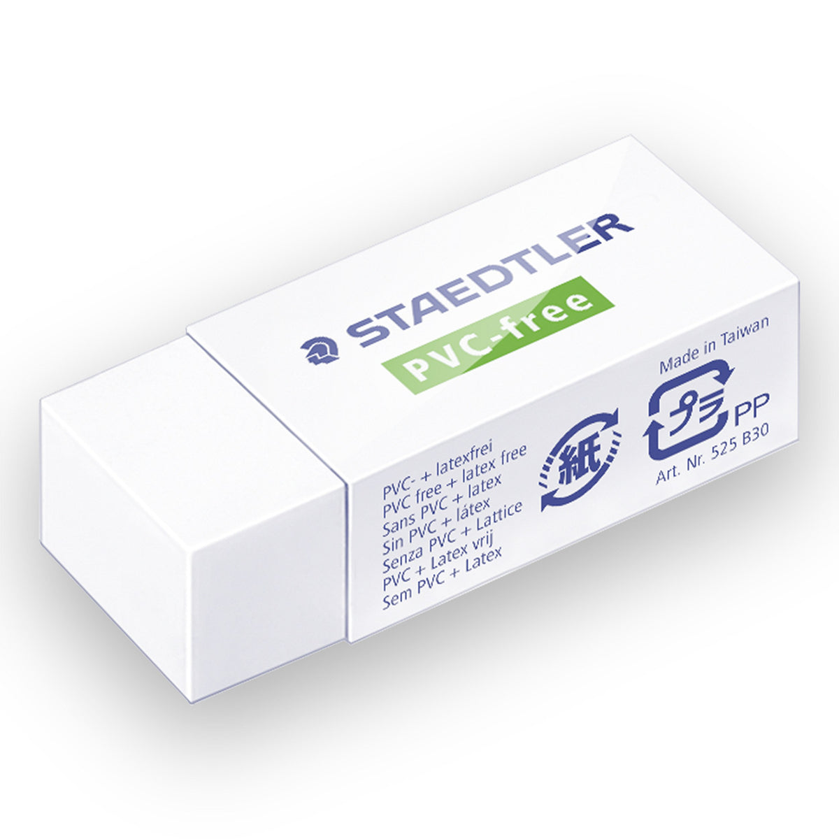 Single Staedtler 525 B30 medium eraser in its white PVC-free sleeve, printed Made in Taiwan and Art. Nr. 525 B30