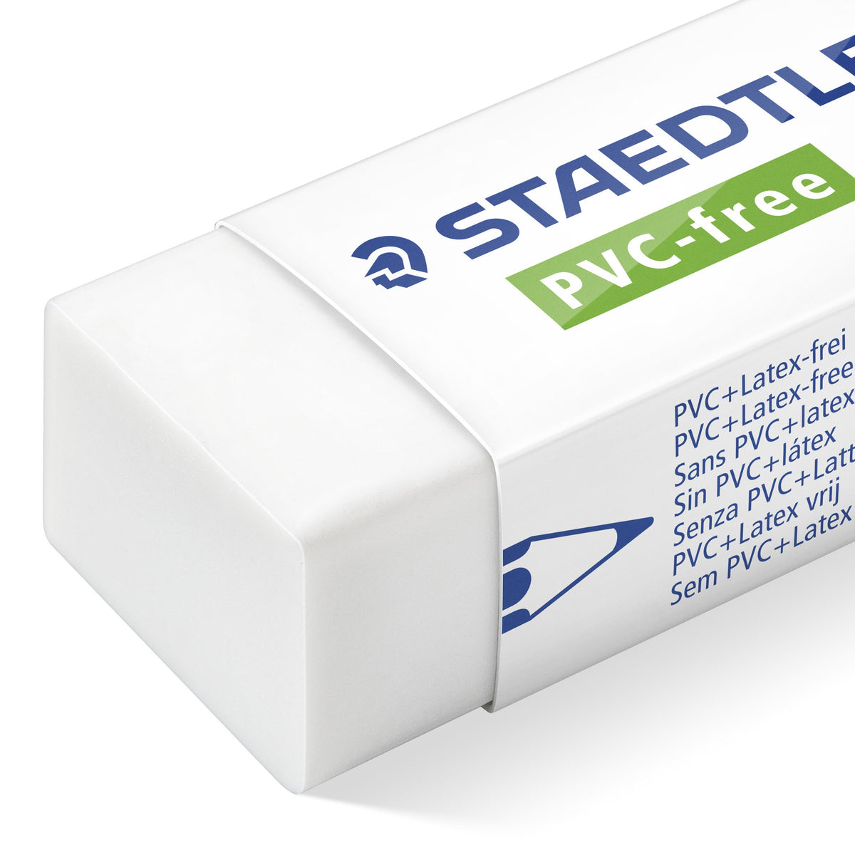 Close view of the white Staedtler 525 B eraser end and sleeve with multilingual PVC and latex free text