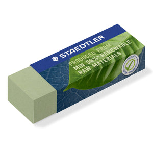Single green Staedtler 526 80-5 eraser partly out of its blue sleeve printed with a green leaf and the STAEDTLER logo