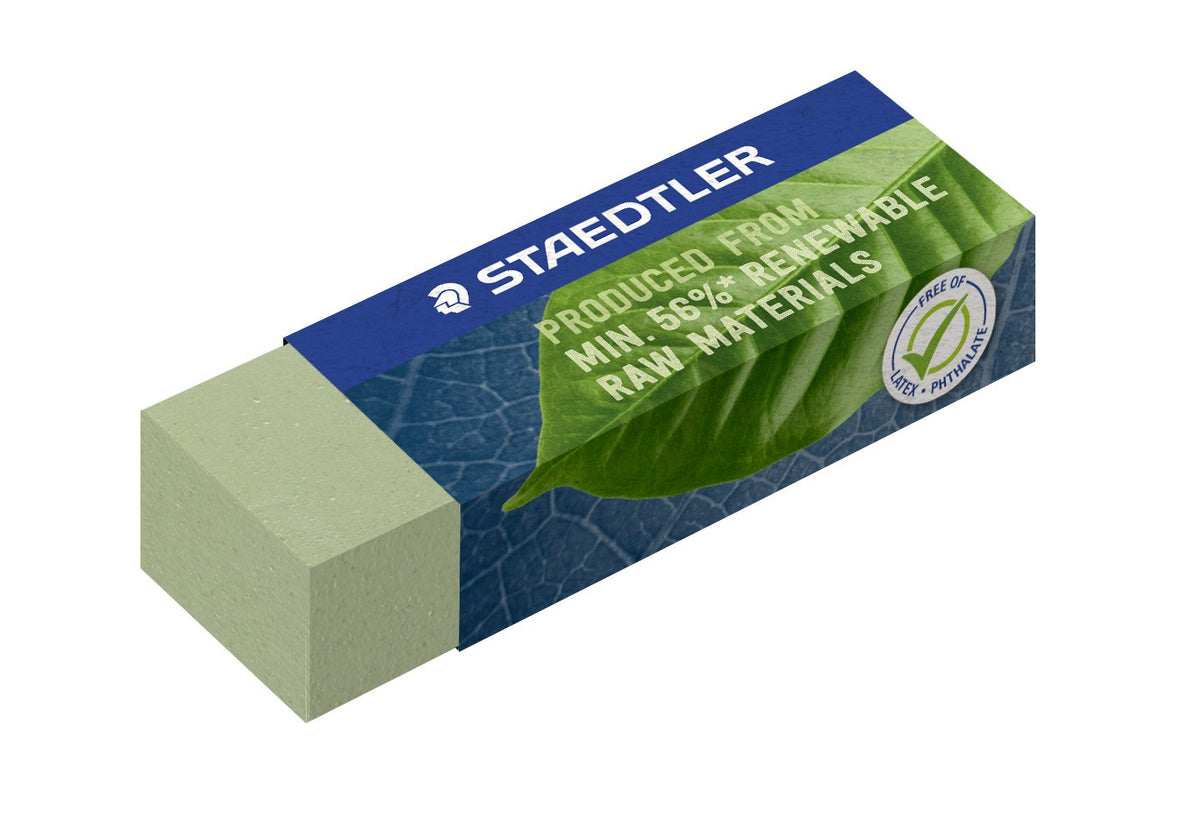 Green Staedtler 526 80-5 eraser from another angle, the green block extending from its blue leaf print sleeve