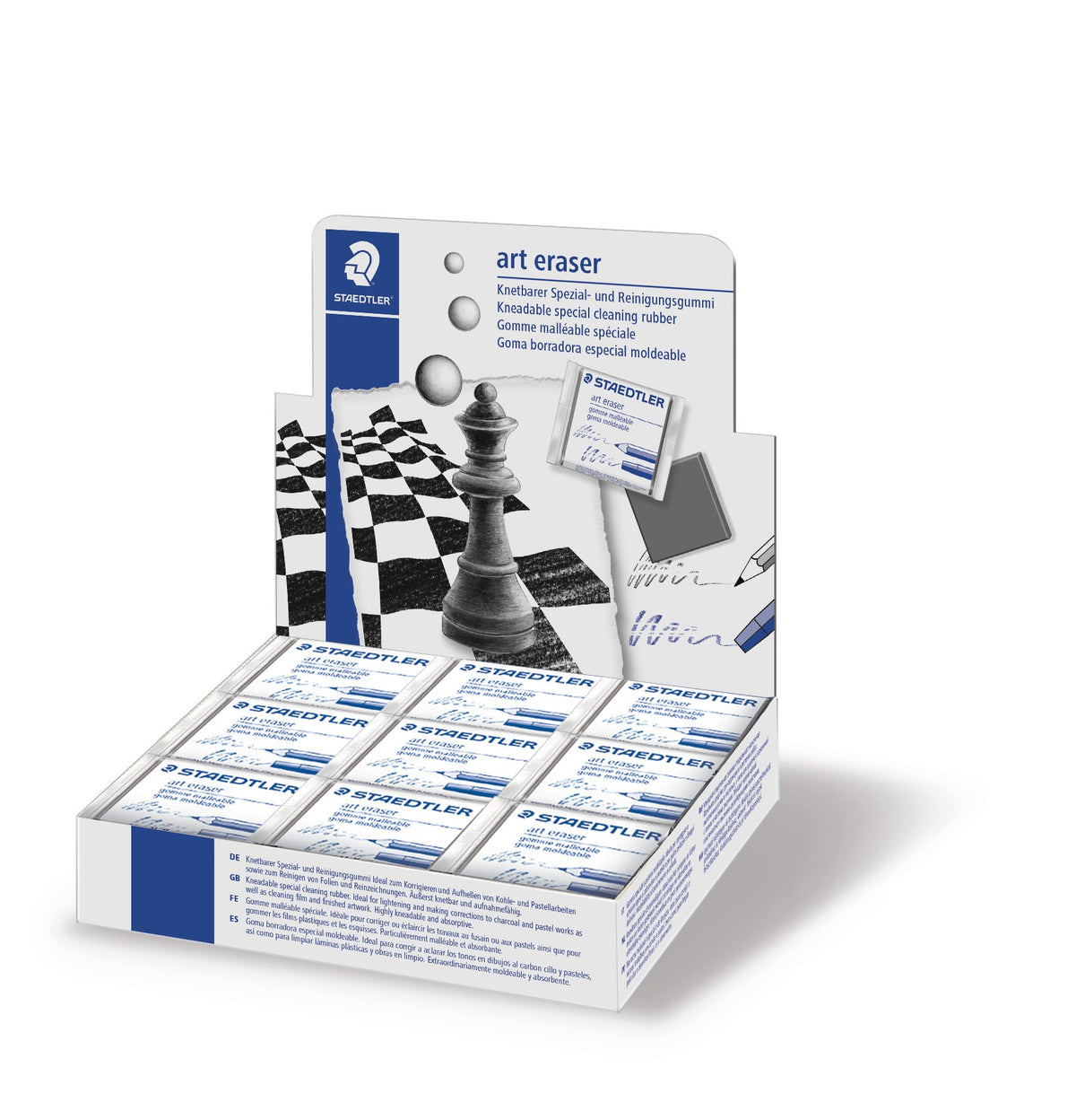 Current Staedtler 5427 art eraser counter display with chess board and king artwork, wrapped kneadable erasers in the tray