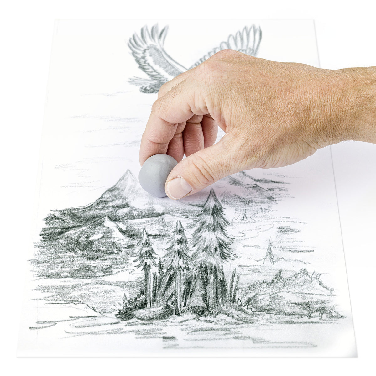Hand pressing a kneaded grey Staedtler eraser on a pencil landscape of trees, mountains and an eagle