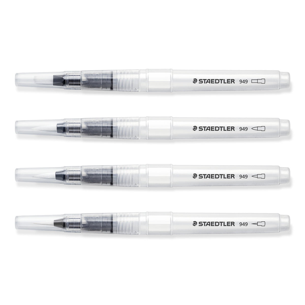 The four Staedtler 949 water brushes laid in a row, clear barrels with white caps and black collars