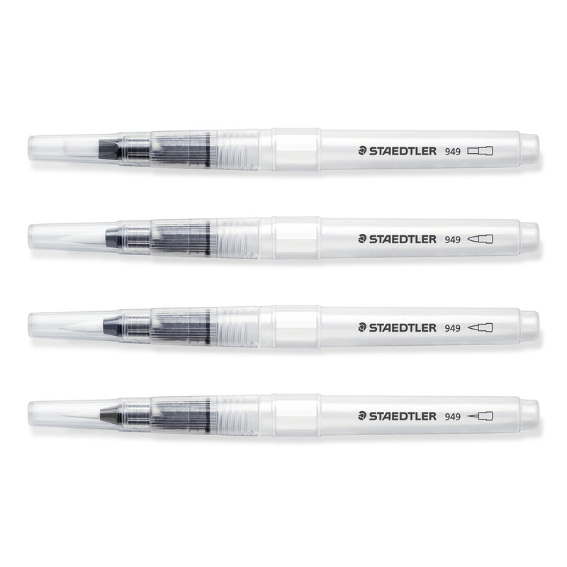 The four Staedtler 949 water brushes laid in a row, clear barrels with white caps and black collars