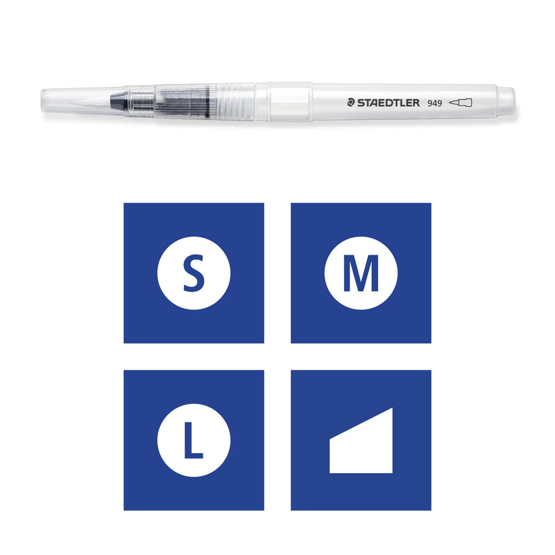 Staedtler pictogram of the four tips in the 949 set: S, M and L round and a chisel