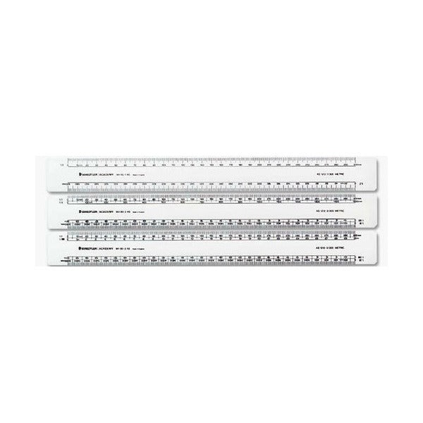 Three white Staedtler Academy oval scale rulers stacked, printed 961 80-1 AS, 961 80-2 AS and 961 80-3 AS