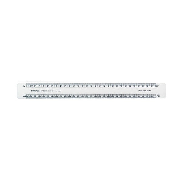 A white Staedtler Academy oval scale ruler with black graduations on both edges and the STAEDTLER ACADEMY imprint