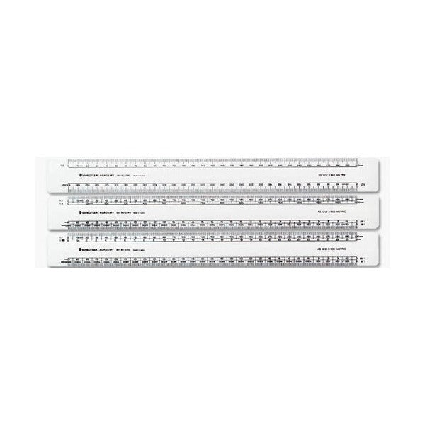 Three white Staedtler Academy oval scale rulers stacked, printed 961 80-1 AS, 961 80-2 AS and 961 80-3 AS