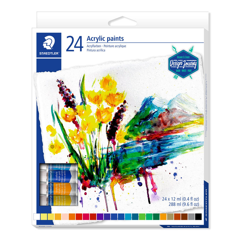 Staedtler 8500 acrylic paints box of 24 with a splashed watercolour style flower painting, tubes in a window and 24 x 12 ml (0.4 fl oz), 288 ml label