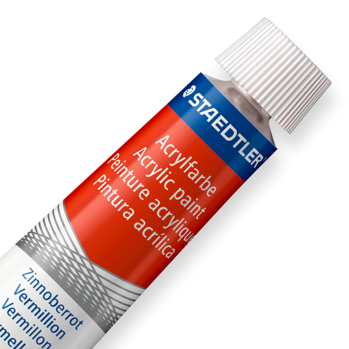 Close-up of a Staedtler acrylic paint tube label at an angle, showing the STAEDTLER name and vermilion colour band