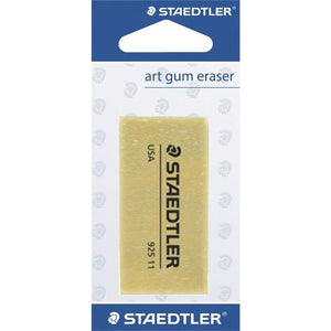 Staedtler art gum eraser 925 11 on its blister card: blue header reading art gum eraser over one tan block printed STAEDTLER