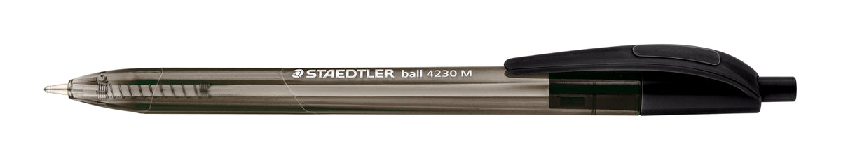 Single Staedtler ball 4230 M ballpoint pen with a transparent smoky grey barrel, black clip and black push-button top