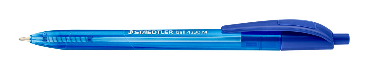 One Staedtler ball 4230 M ballpoint lying flat, blue tinted see-through barrel with the Staedtler name, a darker blue clip and a push button on the end