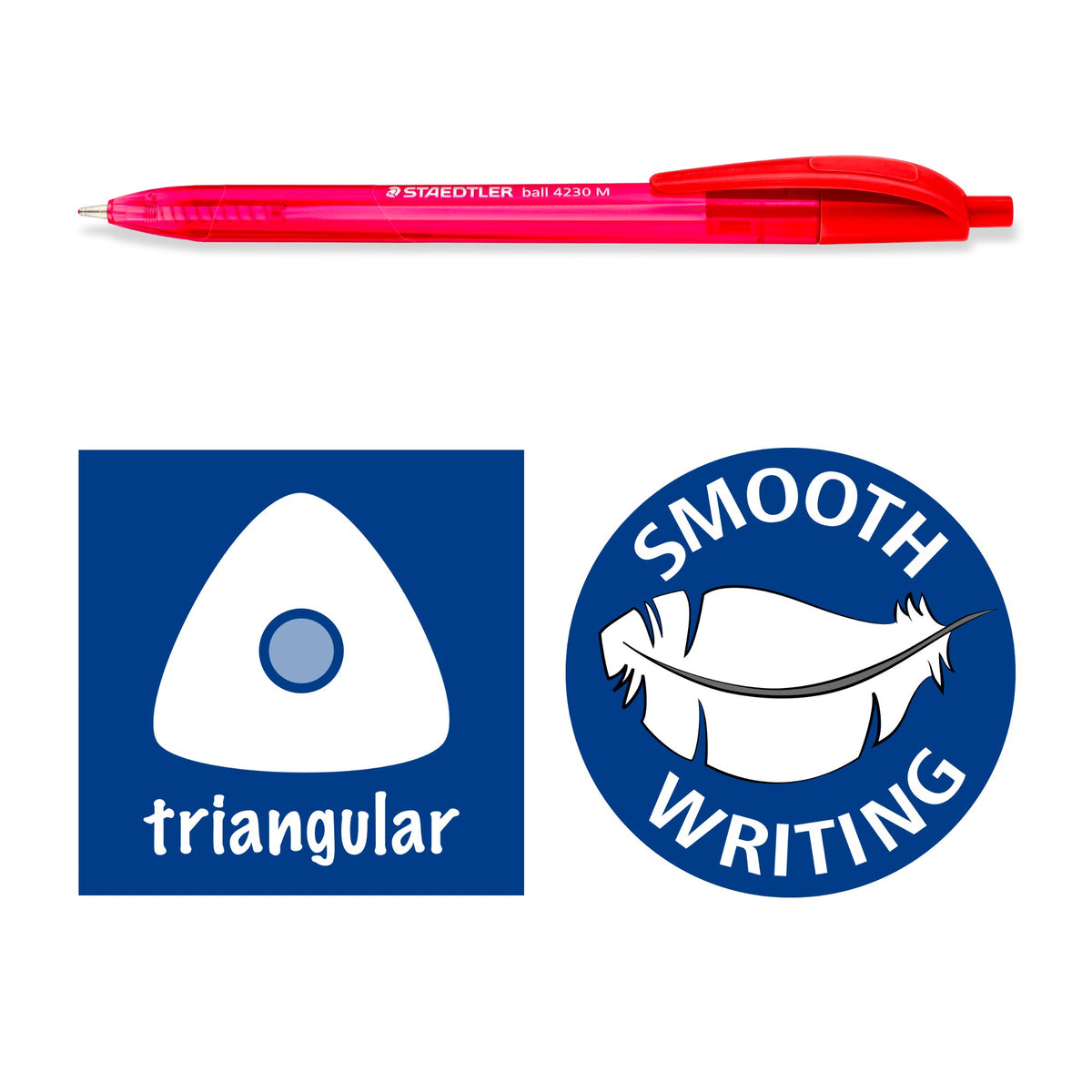 Red Staedtler ball 4230 M pen above two badges on navy squares, a white triangle labelled triangular and a round smooth writing emblem
