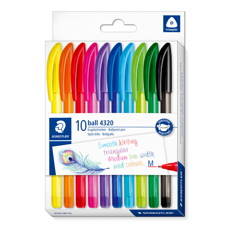 Staedtler ball 4320 MC10 pack of 10 triangular ballpoint pens in bright assorted colours, with the pens visible in the pack