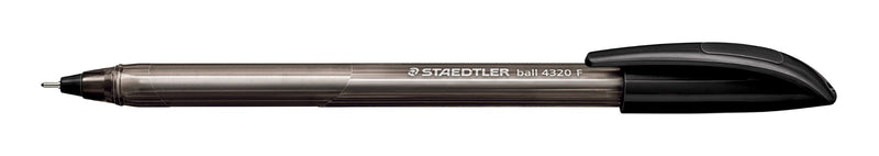 Black Staedtler ball 4320 F ballpoint pen with a smoky grey barrel, lying flat with the black curved cap posted on the end