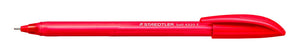 Red Staedtler ball 4320 F ballpoint pen lying flat with the curved cap posted on the end and the fine tip showing